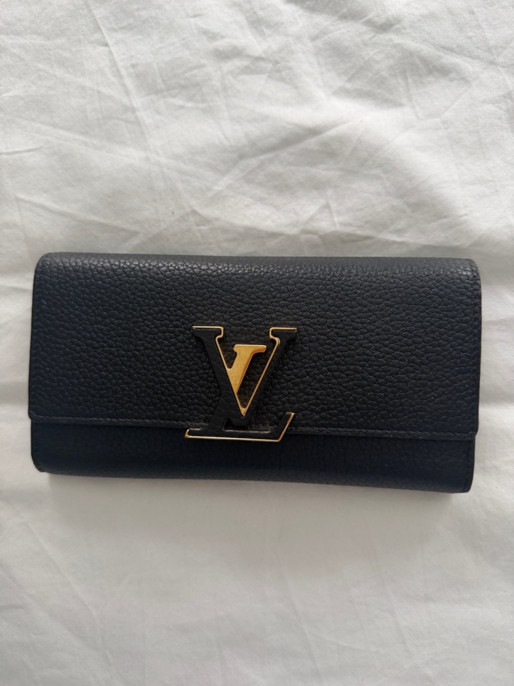 Louis Vuitton Black Pebbled Leather Wallet with Gold LV Logo and pink inside